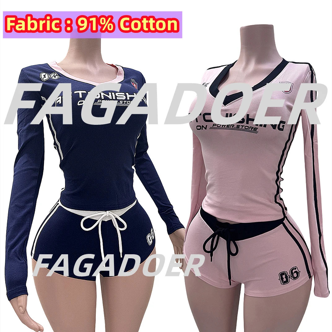FAGADOER Retro Y2K Cute Letter Print 2 Piece Sets Women Outfit High Quality Top Drawstring Sporty Shorts Suit Female Streetwear 250227