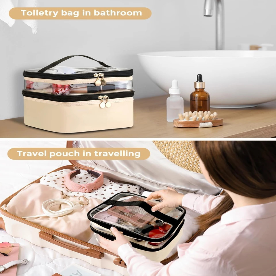 Ship from US Beige Leather Double Layer Large Chic Cosmetic Bags Stylish Womens Favorite Beauty Accessory Spacious and Organized Makeup 250227FBB