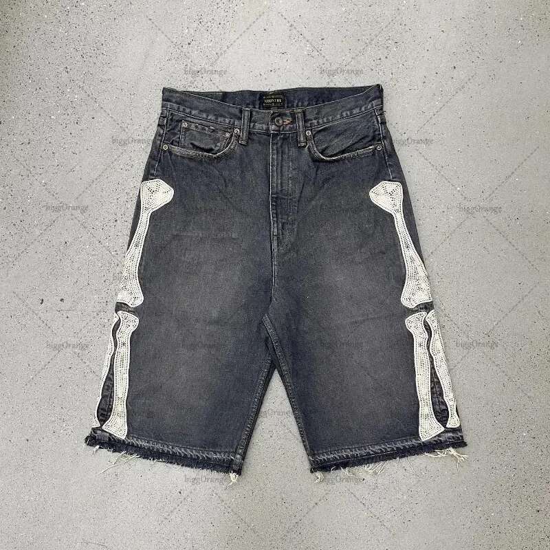 Y2k Street Hip Hop Rock Fashion Men Skull Embroidered Oversized Denim Shorts High Waist Loose Casual Pants Women