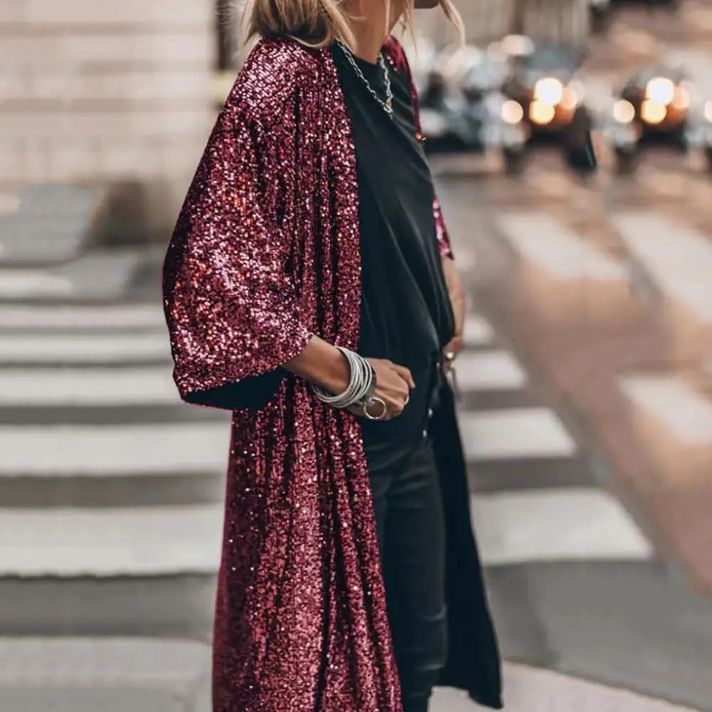 Fashionable cardigan wool sweater skin touch dress solid color womens shiny sequin medium length jacket 250227