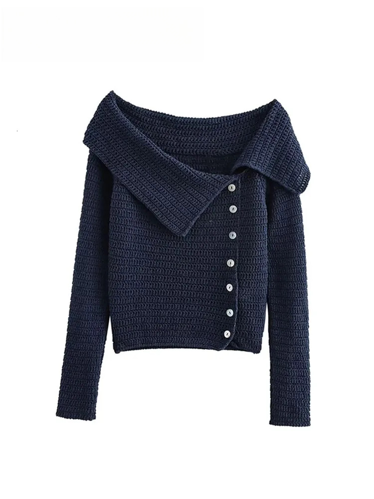 Female Casual Slim Top Solid Blue Long Sleeves Single Off Shoulders Breasted Autumn Vinatge Knitted Sweater