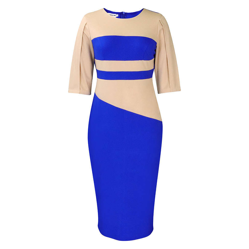 Large size women's spring style fashionable Tong Le OL five part sleeve color blocked hip dress 2025 temperament versatile new trend clothing ins