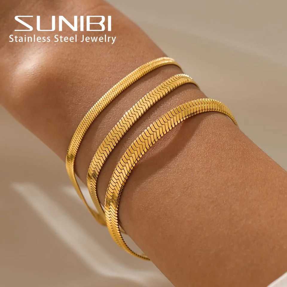 SUNIBI womens trend classic snake chain bracelet gold wide 2/3/4/5mm stainless steel chain bracelet used for womens jewelry gifts W250227
