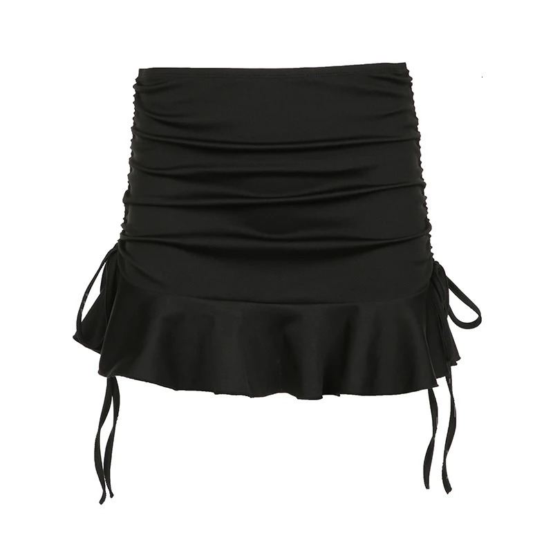 HEYoun Low Waisted Ruffles Mini Skirt Black Skinny Drawstring Sexy Y2K Short Skirts Fashion Summer Casual Outfits Ladies 250224