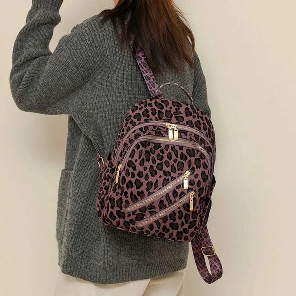 Diaper Bags Women New Leopard Print Zipper Design Lady Canvas Shoulders Backpack Bag Woman Satchel Totes Handle Travel Commute Packsack Bag Y250227ZYU