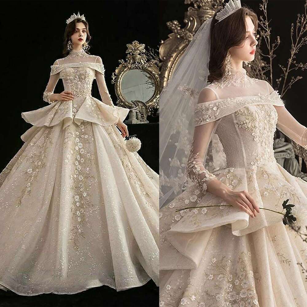 Romantic Ball Gown, Custom Wedding Dresses, ral-Applique, High Neck, Pleated Shoulder, Cut Out, Designer