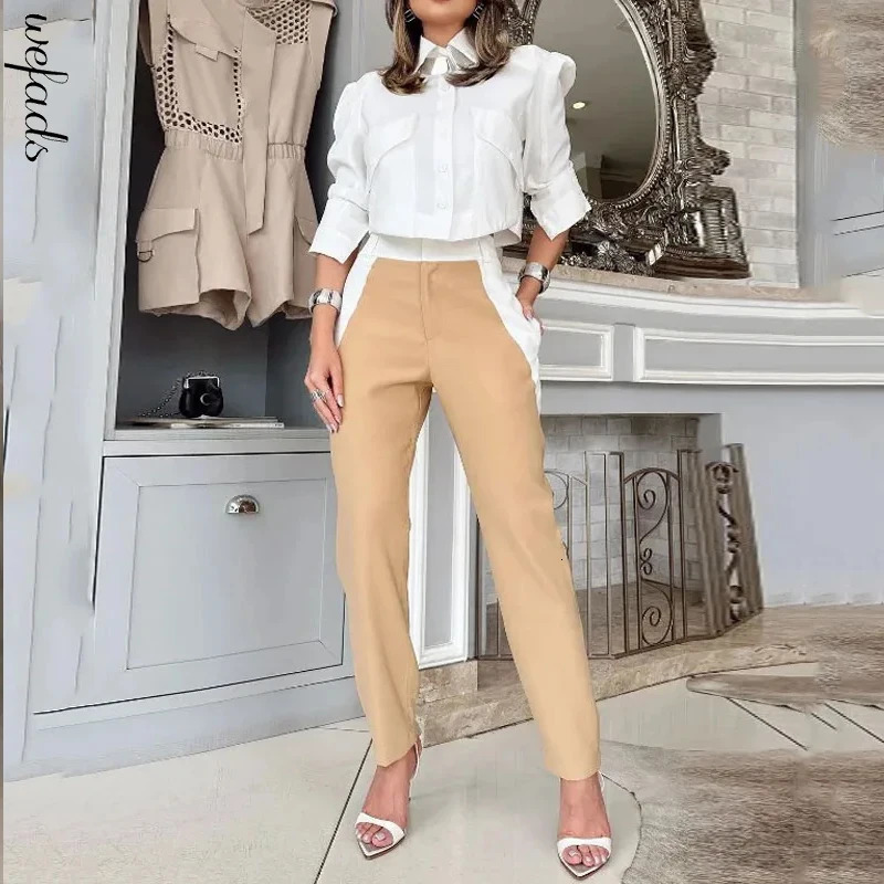 Wefads womens twopiece summer fashion office solid shirt button lapel patch work long sleeved top pocket streetwear 250226