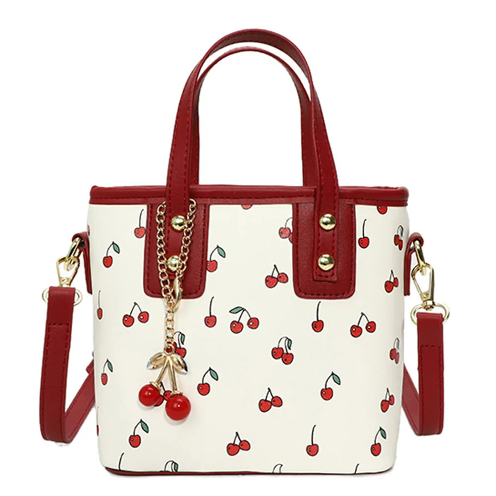 Ship from US Women PU Cherry Shoulder Bag Large Capacity Trendy Commuting with Pendant Stylish Crossbody Casual Satchel 250227FBB