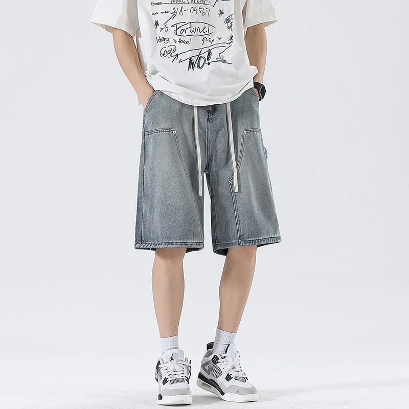 Streetwear Straight Summer Men Cargo Denim Shorts Korean Vintage Loose Casual Short Jeans Washed Elastic Waist Mens 250226
