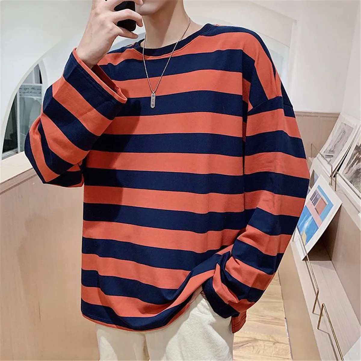 Fashion Punk Men Harajuku Black Red Striped Male Loose Oversized Long Sleeve Summer Boys Tees Retro T Shirt Clothes 250226
