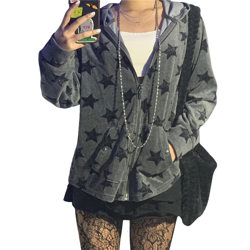 Womens Gothic Sweatshirt Punk Style Star Pattern Zip Up Long Sleeve Hooded Tops with Pockets y2k Dark Academia Clothes 250226