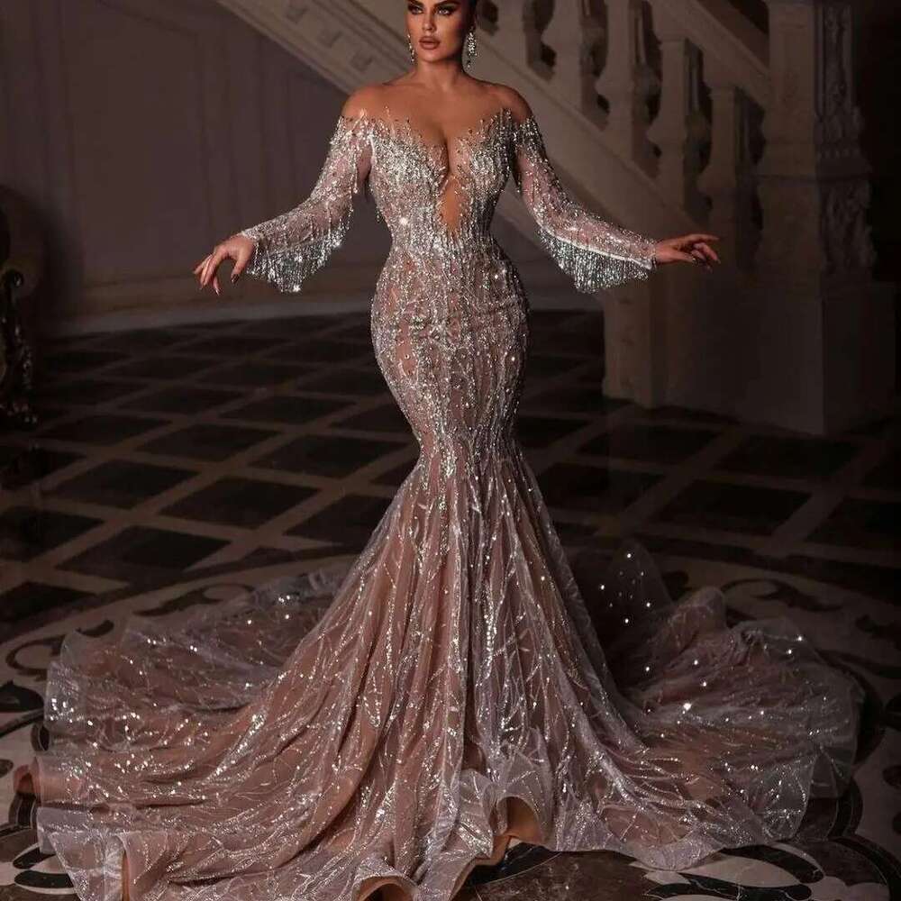 Long Sleeve Mermaid Dresses, Shiny Beaded Sequins, Bags, Sweep Train, Custom Made Wedding Dress