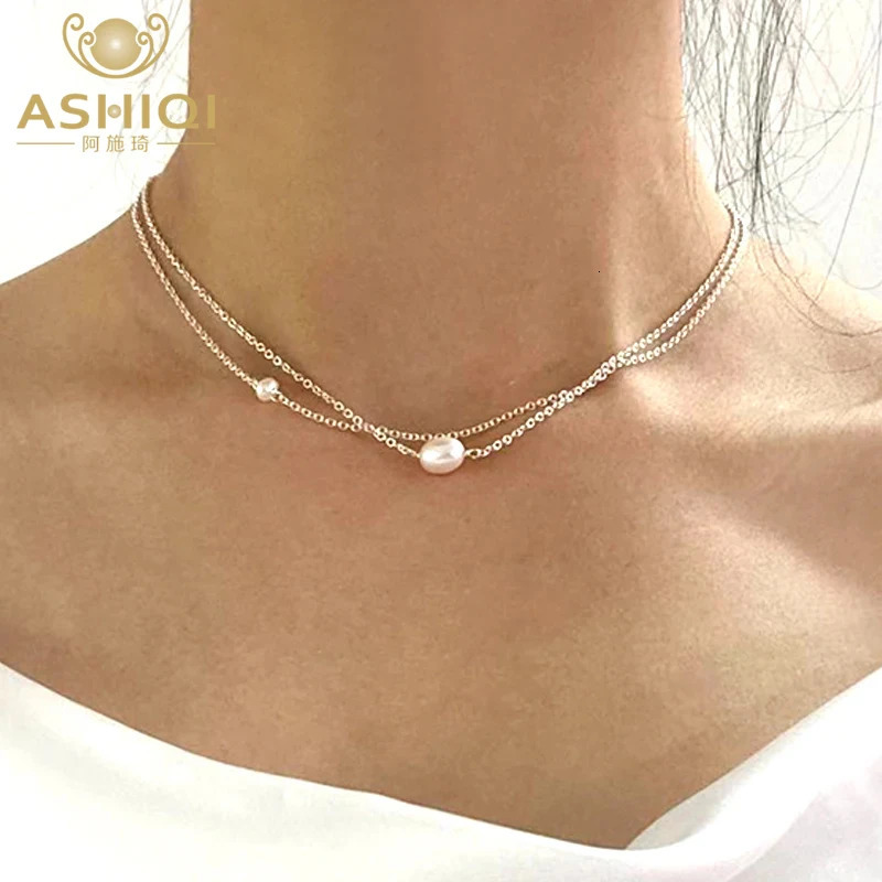 ASHIQI Natural Freshwater Pearl Double Necklace 925 Sterling Silver Chain for Women Female Pearl Choker Fashion Jewelry 250222