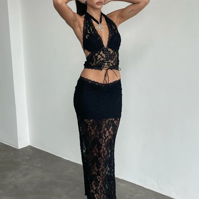 Cryptographic Hater Sheer Lace Bandage Sexy Dress Sets Co-ord Sets Outfits for Women Matching Sets Maxi Skirts 2 Piece Sets 250226