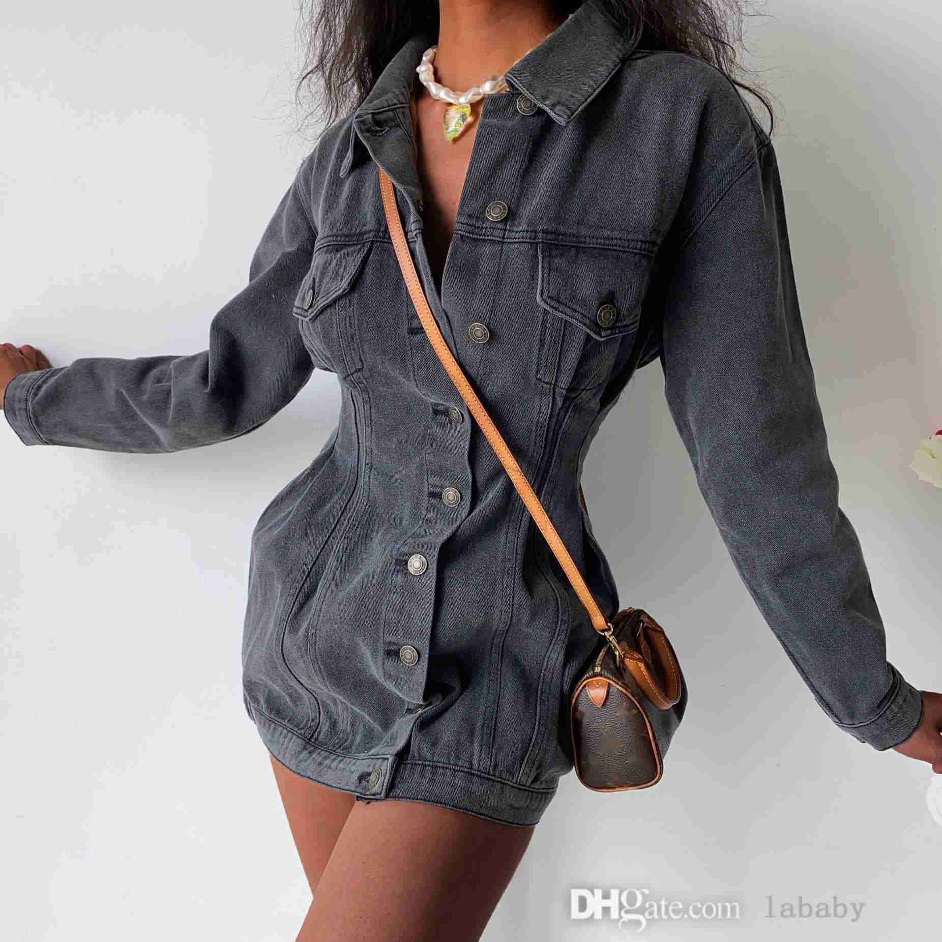 Spring Fall Vintage Denim Jacket Dress Fashion Slim Fit Button Skirt Turn-down Collar Long Sleeve Washed Jeans Dresses For Woman