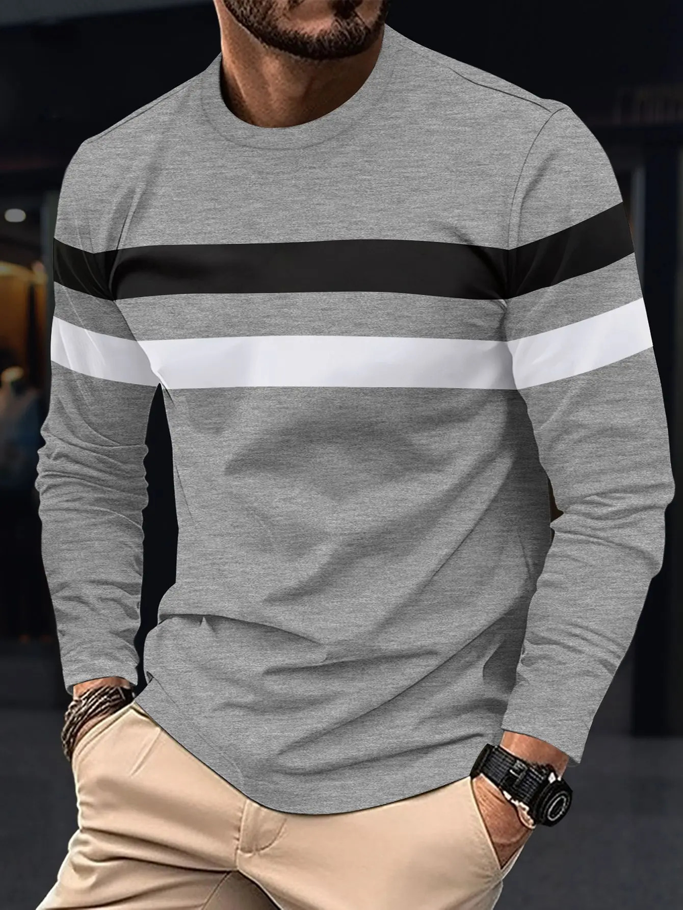 Spring and Autumn Fashion Mens Long Sleeve Round Neck Splicing T-shirt Business Anti Wrinkle Street Wear Casual Top 250226