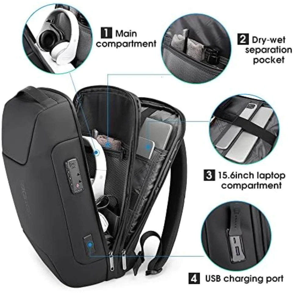 Ship from US BANGE antitheft business travel laptop backpack with USB charging port 250227FBB