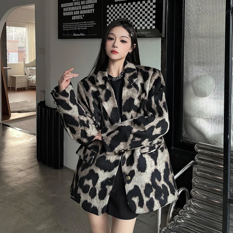 Leopard Print Coat Women Autumn Winter Korean Style Niche Loose Suit Jacket Casual Vintage Temperament Blazer 250226