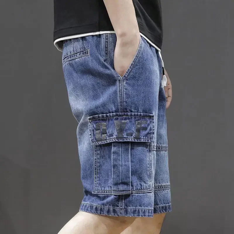 Mens Denim Shorts Straight Baggy with Text Loose Short Jeans Pants Wide Trend Summer Xxxl Sale Thin Cut Buttons Blue 250226