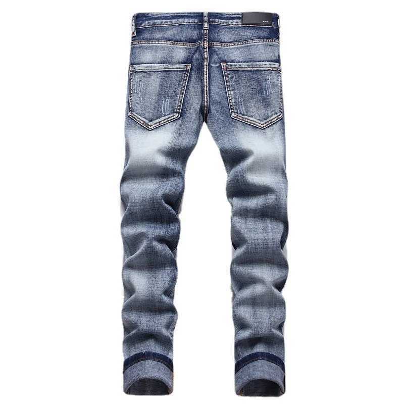 Slim-fit American Street Elastic Retro Cotton Print Hole Trendy Mens Fashion Niche Jeans Chaonan Collocation X250227
