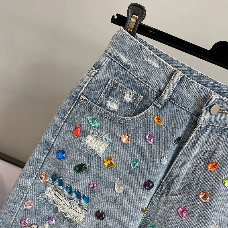 Colorful Diamond Studded Nail Bead Ripped Jeans Blue High Waisted Loose Shorts Shiny Fashionable Versatile Casual Trousers 250226