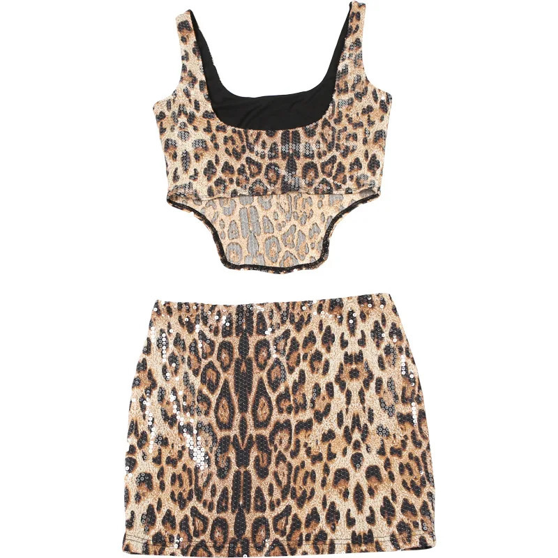 Leopard Print Sequins Two Piece Set Women Sexy U-neck Sleeveless Backless Irregular Tank Crop Tops Mini Skirts Party Clubwear 250227