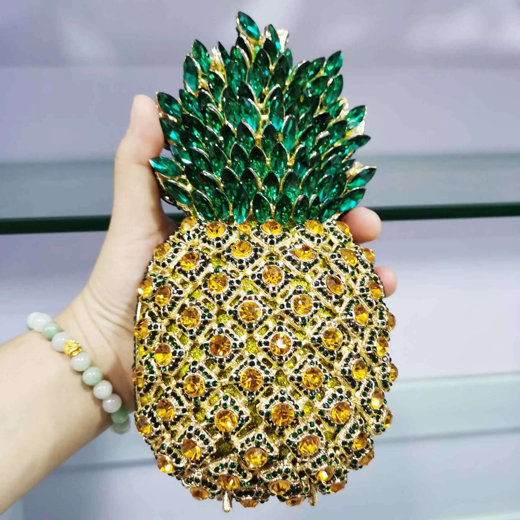 KHNMEET Crystal Green Pineapple Evening Ladies Party Purse Chain Clutch Bags Female Dia Handbags SM37