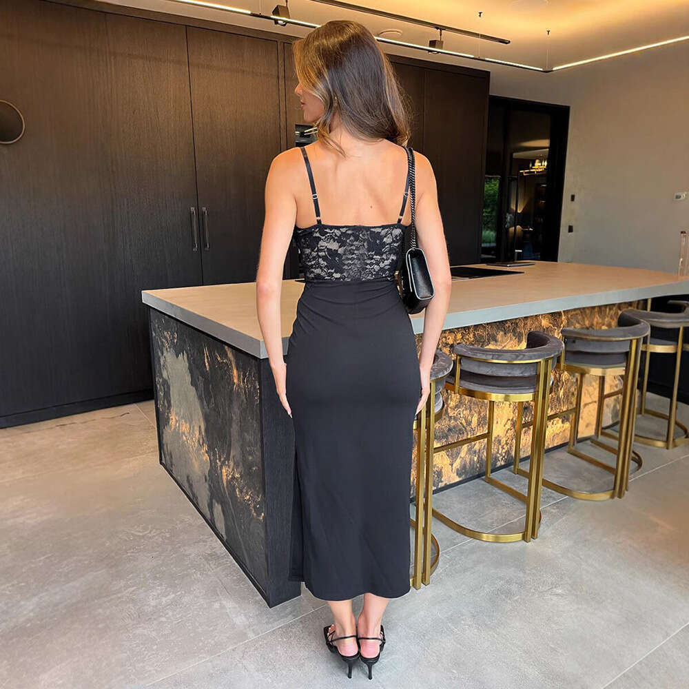 European and American sexy slim fit lace patchwork women's dress, suspender V-neck spicy girl tight hing hip skirt, 2025 new casual versatile fas