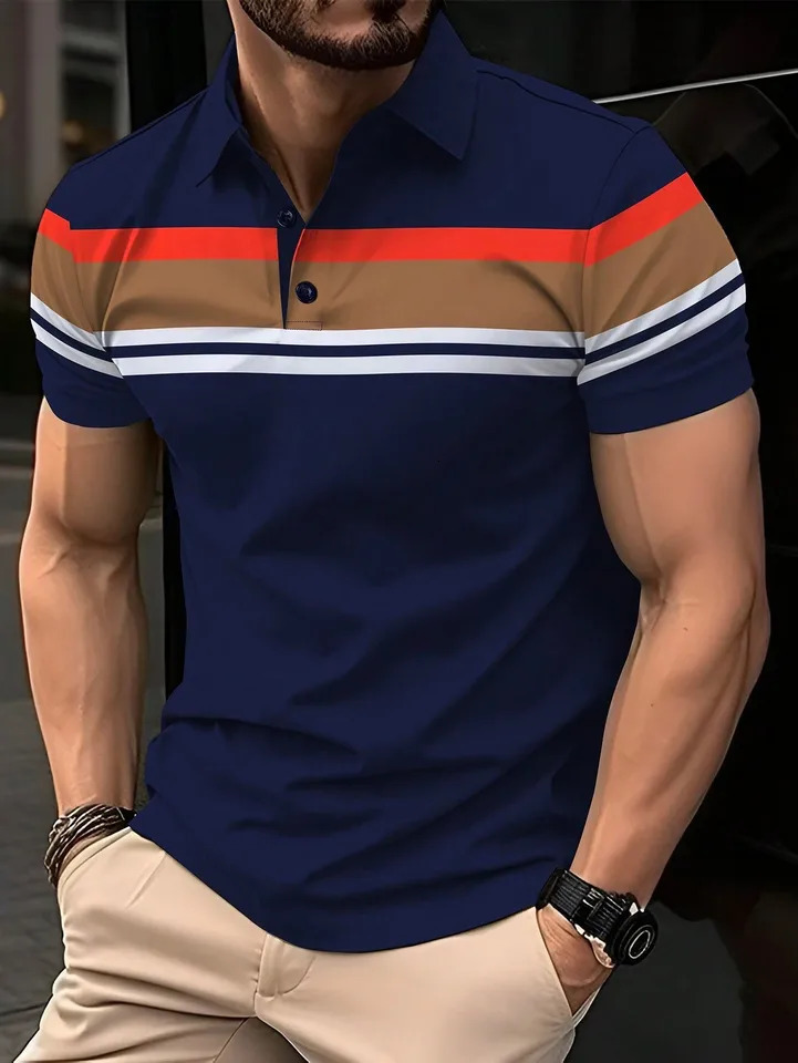 Summer Mens Polo Shirt Button Collar Short Sleeve Pullover Casual Sports Solid Color Striped Lapel Trend Mens T Shirt 250227