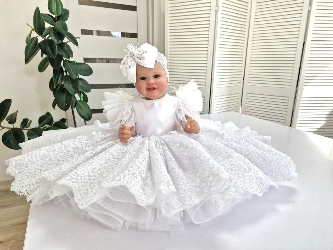 White Lace Baby Toddler Christening Dresses Kids born Party Feather Pearls First Communion Wedding Prom Baptism Outfits 250227