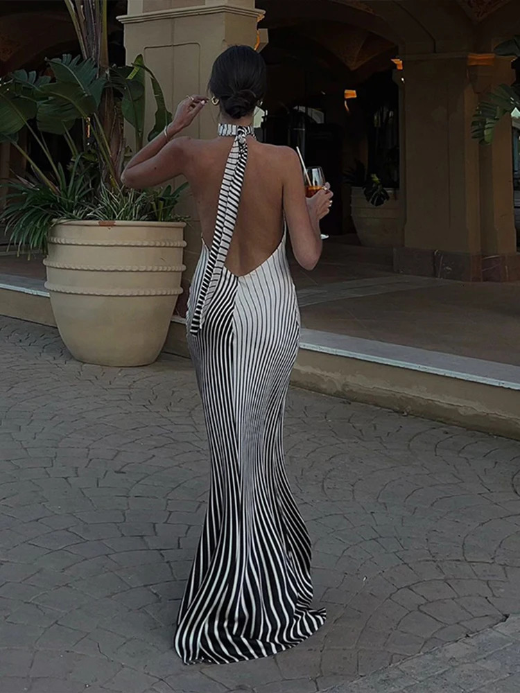 Elegant Womens Dresses Striped Sexy Slim Fit Backless Dress Skinny Lace up Sleeveless Dress Summer Lady Chic Evening Party Dress 250225