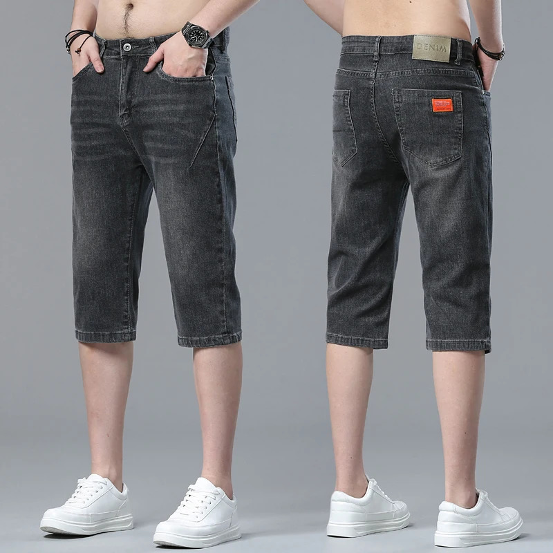 Summer Style Mens Appliques Denim Shorts Blue Black Loose Straight Stretch Casual Jeans Shorts Men Clothing 250226