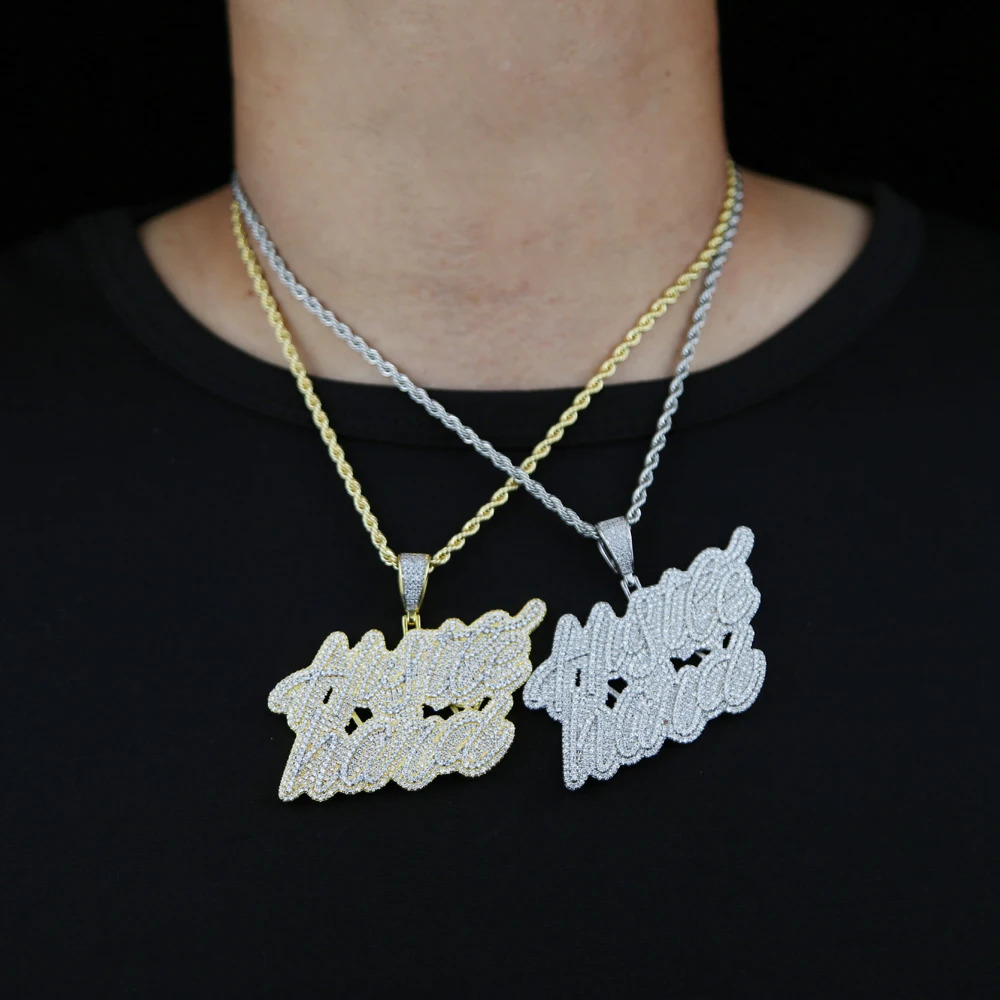 Hip Hop 5A Cubic Zircon Iced Out Hustle Hard Letters Pendants Necklaces CZ Letter Charm For Men Women Jewelry 250227