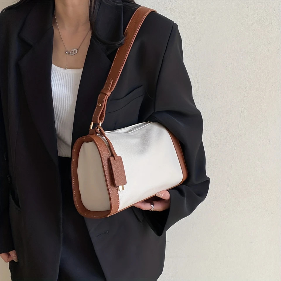Ship from US Vintage Contrast Color Boston Bag Top Handle Satchel Shoulder Womens Versatile Handbag Purse 250227FBB