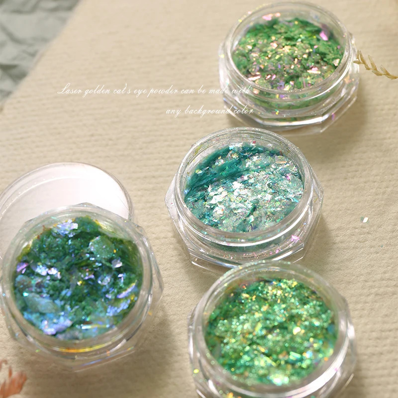 HNDO Green Color 4 Pcs Set Opal Powder Glitter Nail Art Decoration Flakes Iridescent Pigment Dust for Manicure n 250227