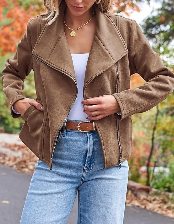 fashion casual jacket womens short with lapel and diagonal zipper 250227
