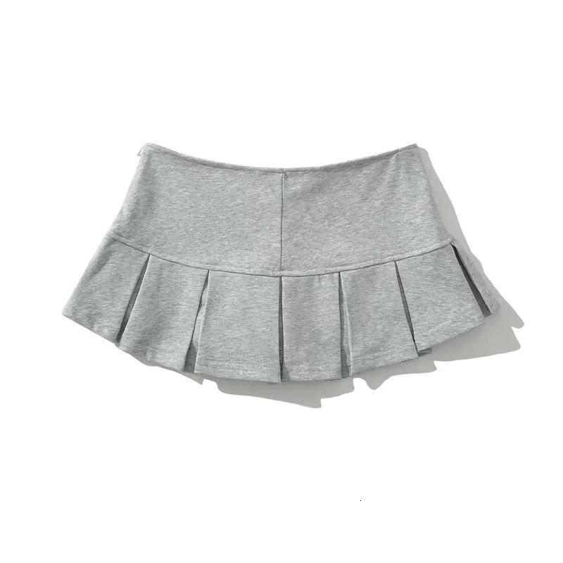 HOUZHOU Terry Fabric Y2K Mini Skirt Women Low Waist Wide Pleat Light Grey Sexy Vintage A-line Pleated Skirt Casual Skort Summer 250226