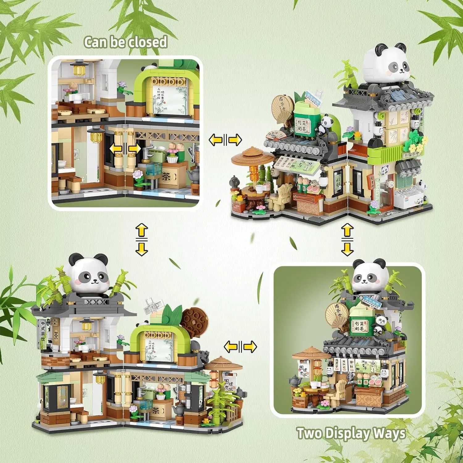 Mini Building Block MOC Creative Cute Panda Tea House Little Bear Coffee House Building Block Set Girl Street View Toy Y250227