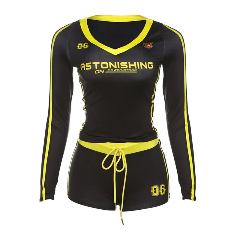 ANJAMANOR Sport 2 Piece Sets Women Outfit Letter Print V Neck Long Sleeve Top and Shorts Set Women Baddies Outfit D78-DZ25 250226