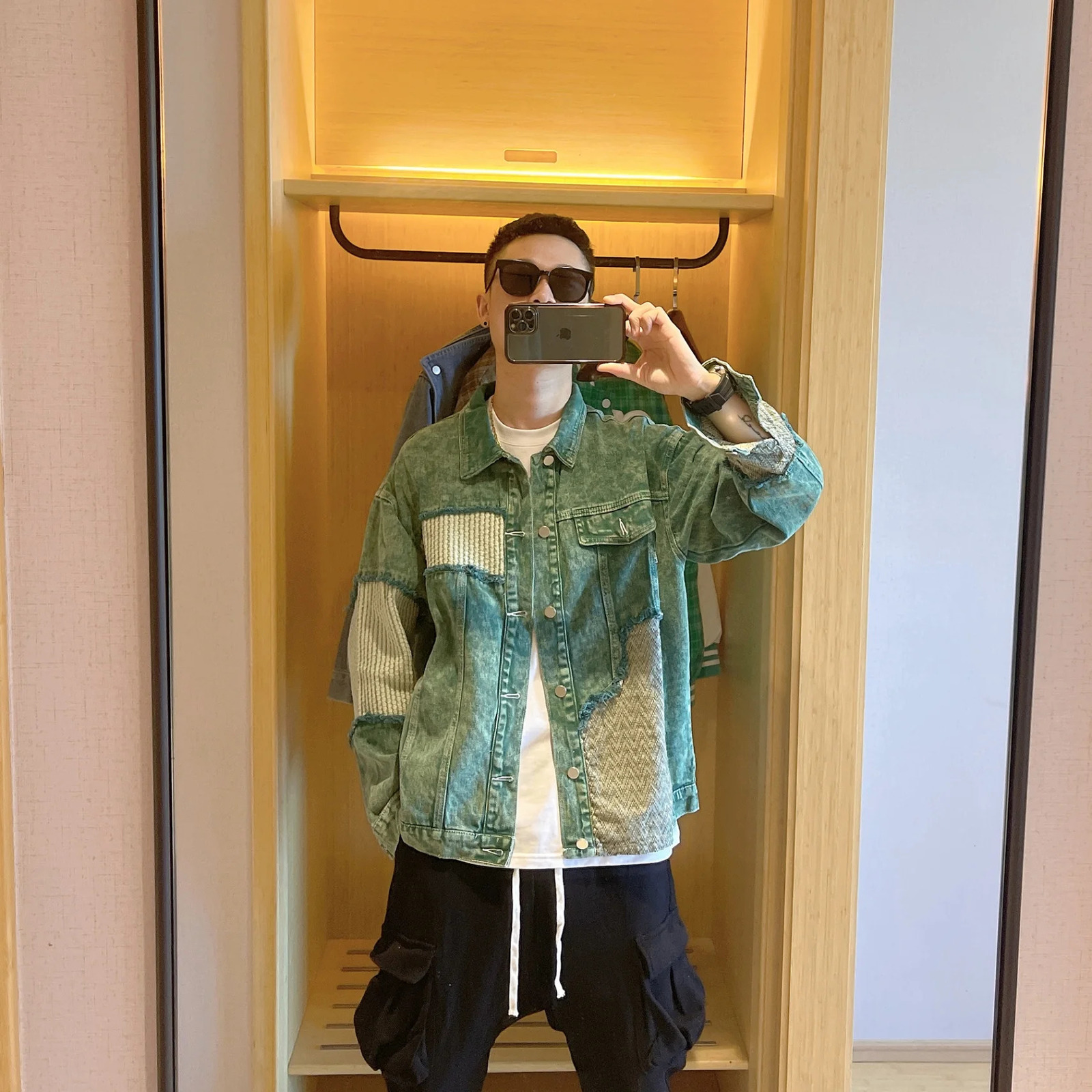 Mens Jean Coats Splicing Geometry Autumn Mens Denim Jacket Green American Retro Autumn Denim Jacket Korean Fashion Y2K Clothing 250225