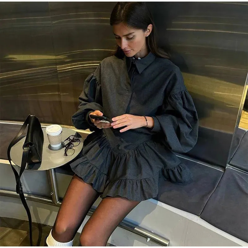 Spring Solid Shirt Ruffle Short Skirt Sets Women Elegant Lapel Puff Sleeve Tops Suit With Mini Skirts Female Skirt Suit Outfits 250226