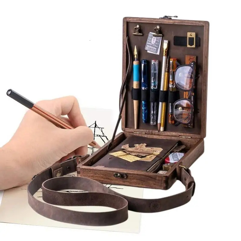 Ship from US Writers Messenger Wooden Box A5 Retro Trend Shoulder Bag Postman Outdoor Briefcase Art Supplies Home Decor Storage 250227FBB