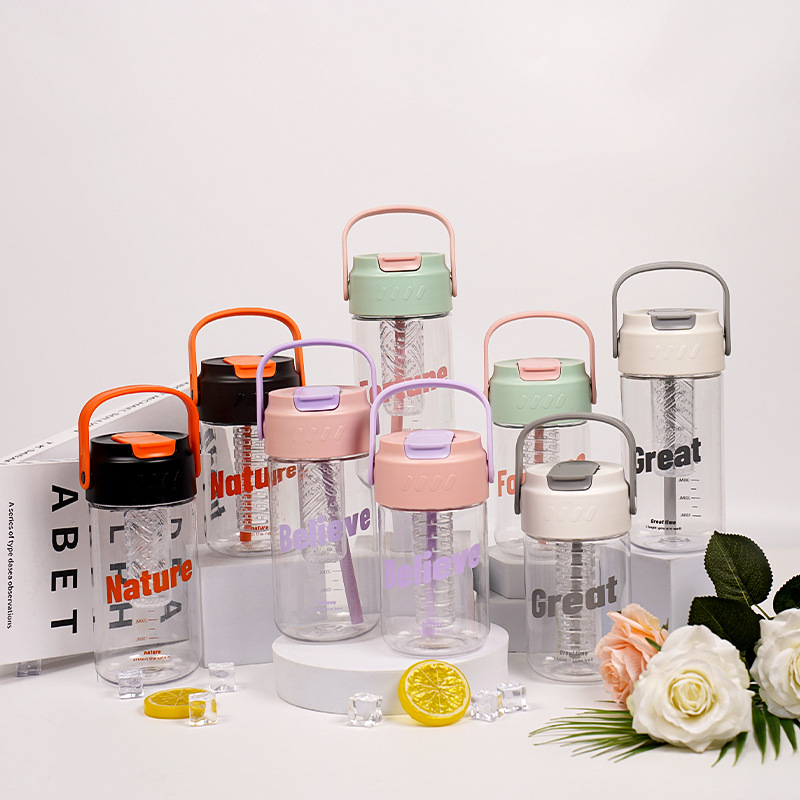 New Transparent Straw Water Bottle Chic Dainty Letter Believe Clear Plastic Bottles With Filter Screen Handle