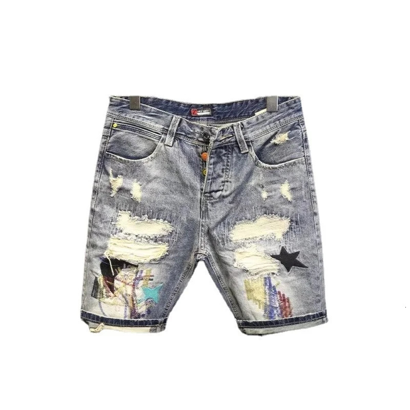 Summer Mens Fashion Scraped Patch Beggar Denim Shorts Hip Hop Washable Jeans Shorts Casual Middle Pants 250226