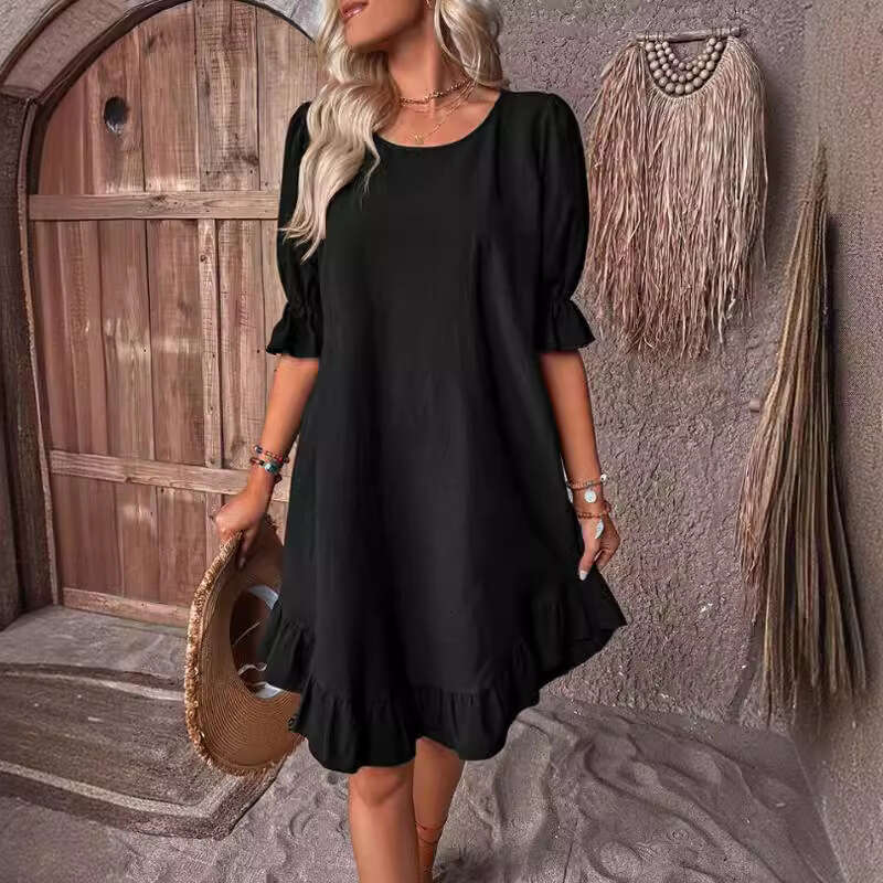 Spri/Summer European American Women's Retro Cotton Hemp Mid Sleeve Round Neck Solid Color Loose Large Swi Dress 2025 New Casual and Versatile Fas
