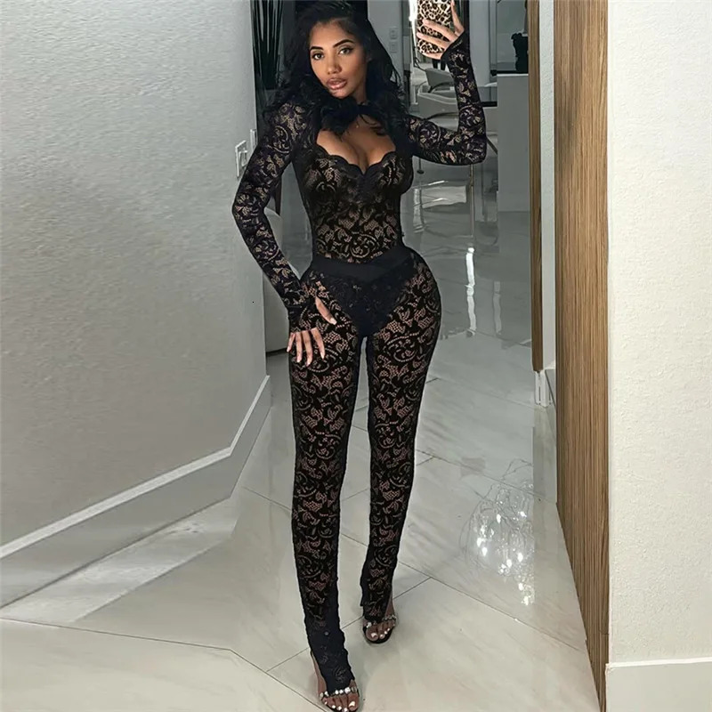 Lace See Through 2 Piece Set Women Autumn Sexy Hollow Jacquard Backless Bodysuit Leggings Party Clubwear Skinny Outfits 250226
