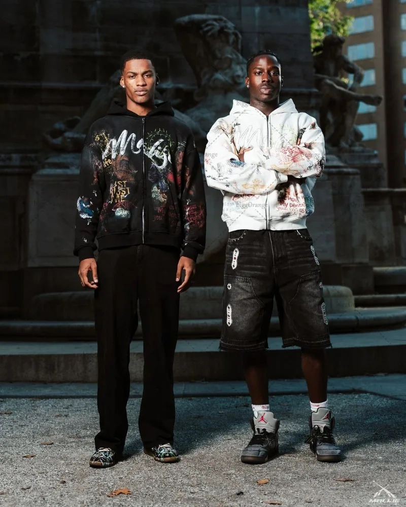 Trend Street Clothing Jacket Hip Hop Punk Pattern Printed Zipper Hoodie Mens Y2K Harajuku Retro Casual Oversized Sweatshirt 250227