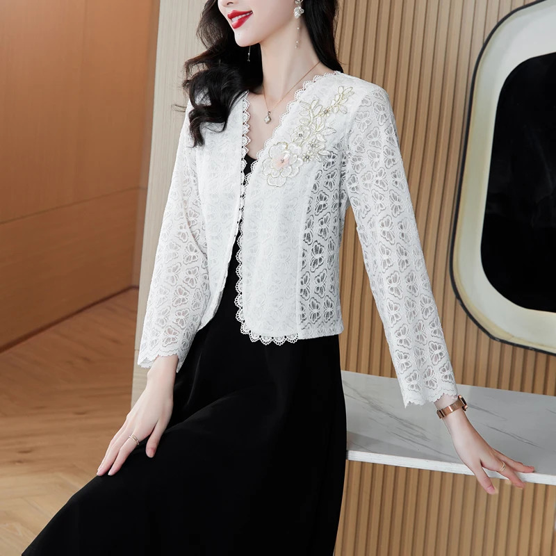 Spring Summer Long Sleeved Womens Fashionable Lace Jacket Elegant Slim Hollow Out Coats 250227
