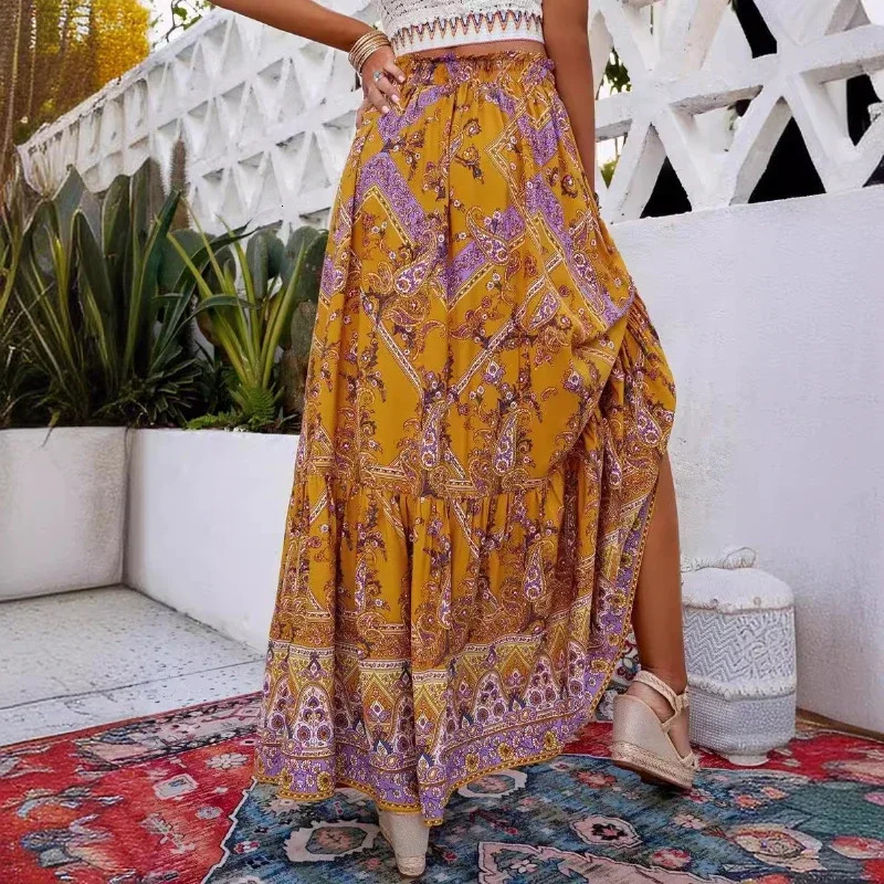 Bohemian Long Skirt Plants Flowers Print Long Maxi Skirts Casual Parties Vacations Skirt 250226