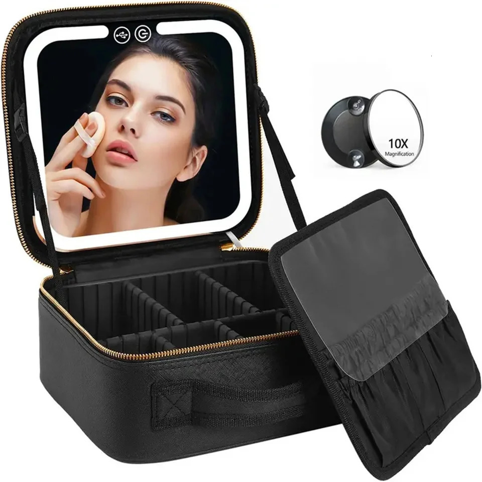 Ship from US Travel Makeup Bag With LED Lighted Make Up Case Mirror 3 Color Setting Cosmetic Box Organizer Vanity For Women 250227FBB